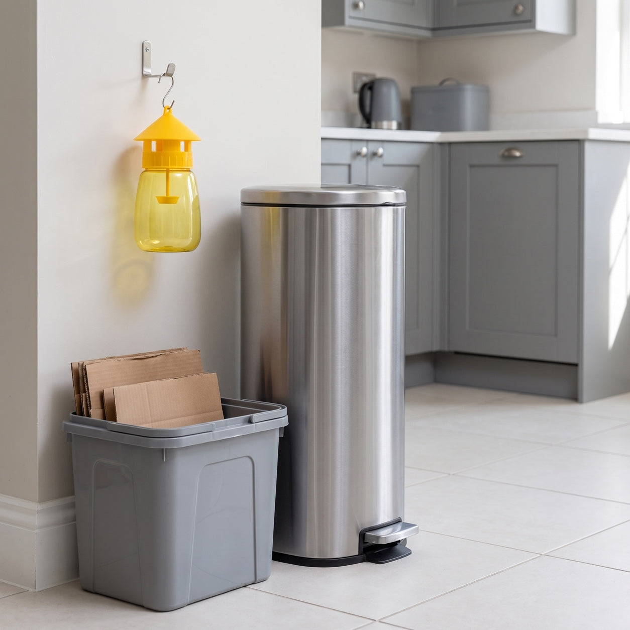 FlyLock Indoor & Outdoor Fruit Fly Trap — Indoors, By the bin and the recycling
