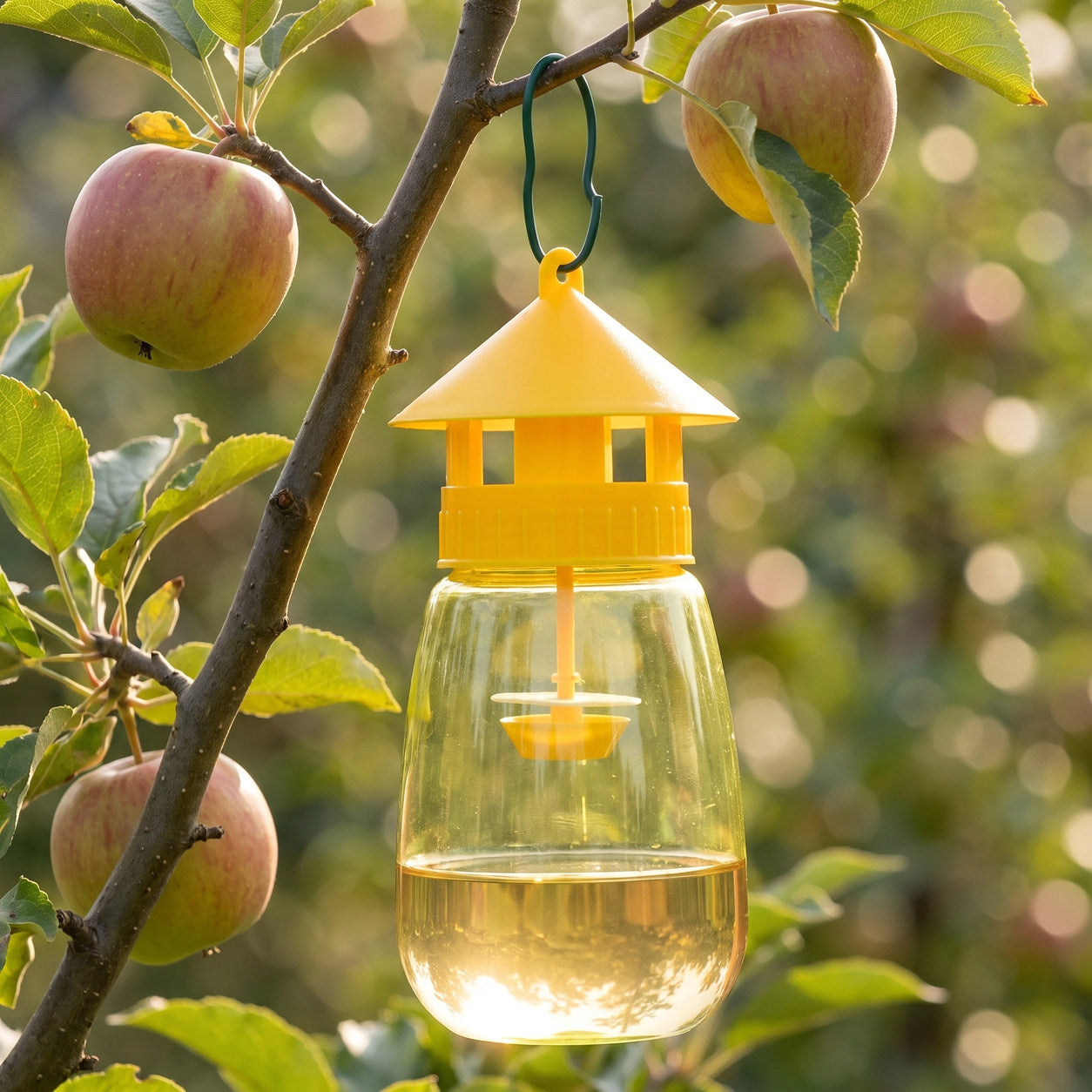 FlyLock Indoor & Outdoor Fruit Fly Trap — Outdoors, Hung in a fruit tree