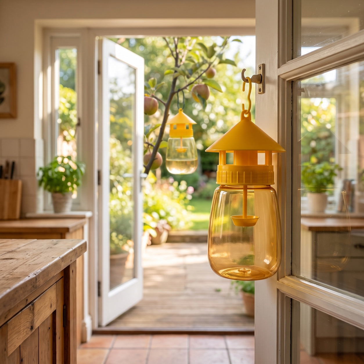 FlyLock Indoor & Outdoor Fruit Fly Trap — Indoors and out, The same trap, either side of the door